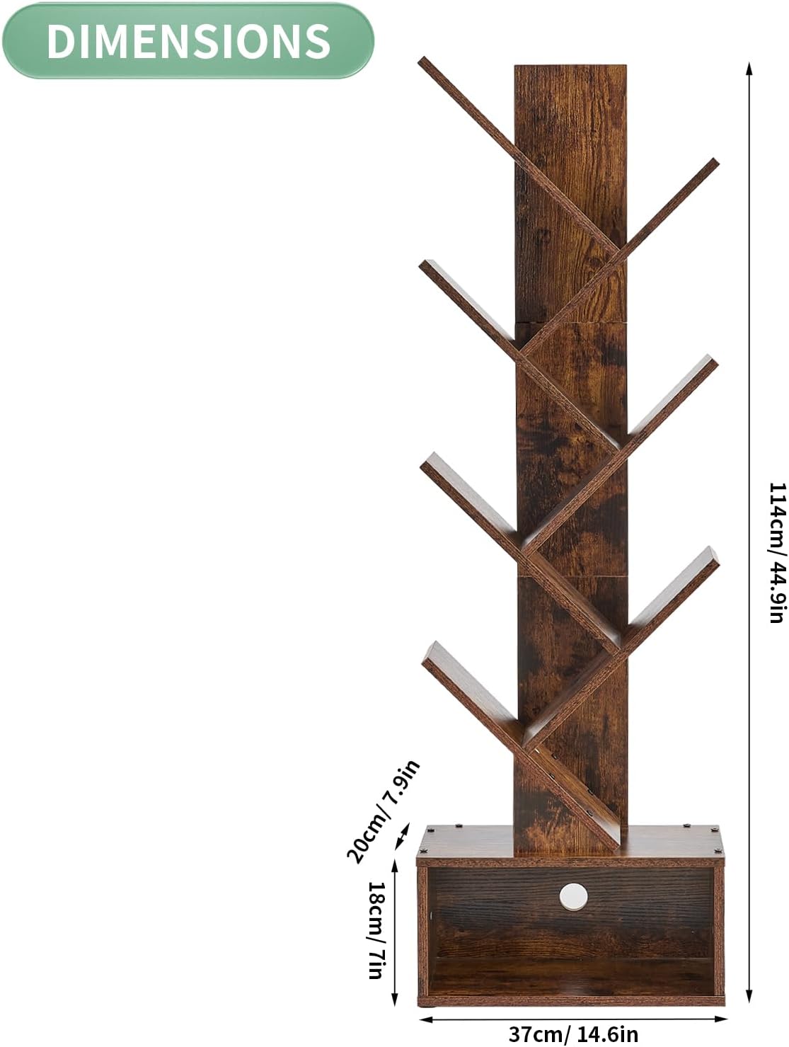 BRIAN & DANY Tree Bookshelf, 6-Tier Book Shelf, Wooden Bookshelves Storage Organizer Shelves for Living Room, Bedroom, Office, Rustic Brown