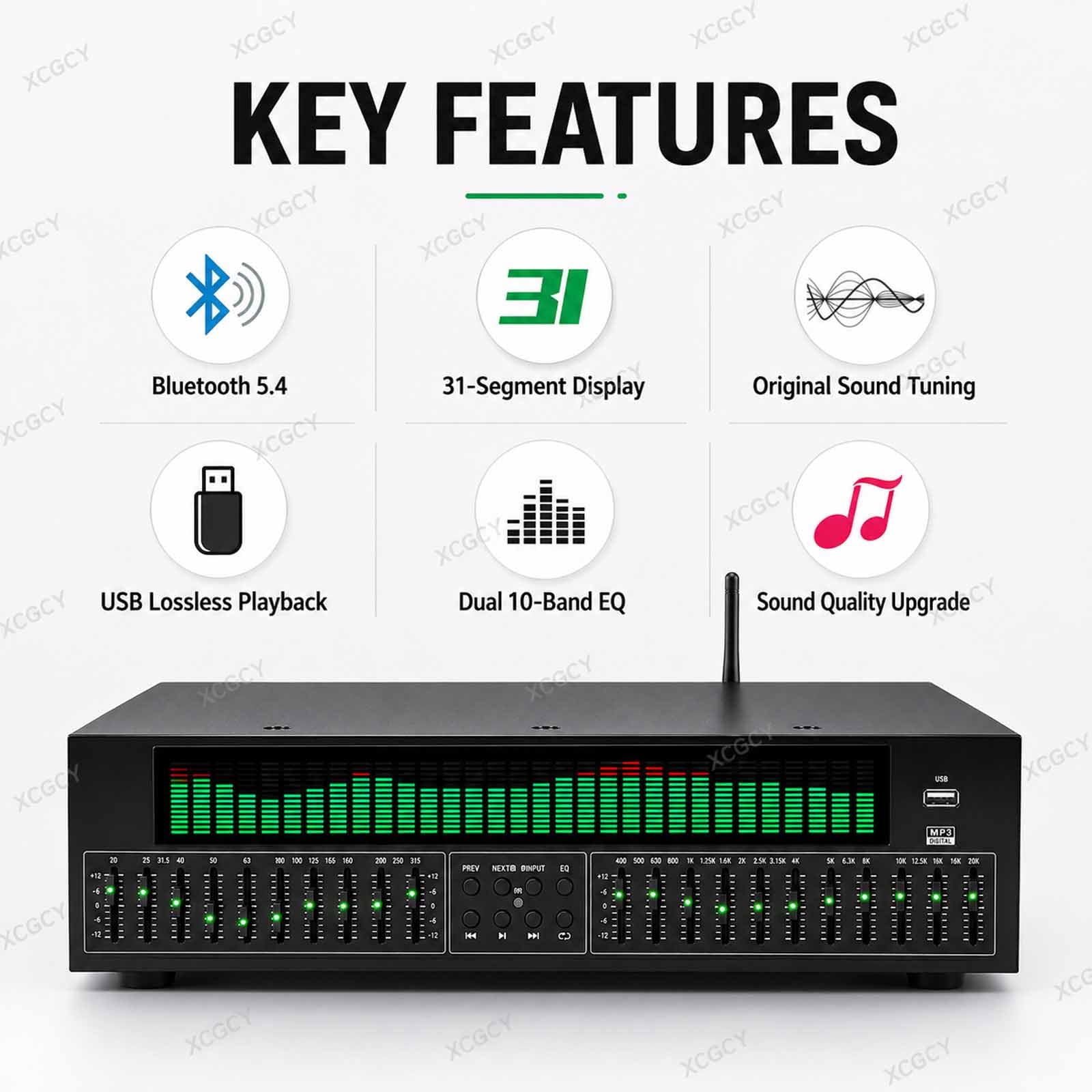 31-pasmowy cyfrowy procesor audio z dynamicznym widmem, korektor graficzny stereo, Bluetooth 6.0, dekoder optyczny/współosiowy, 12 wzorów, pilot zdalnego sterowania, kabel audio do samochodu