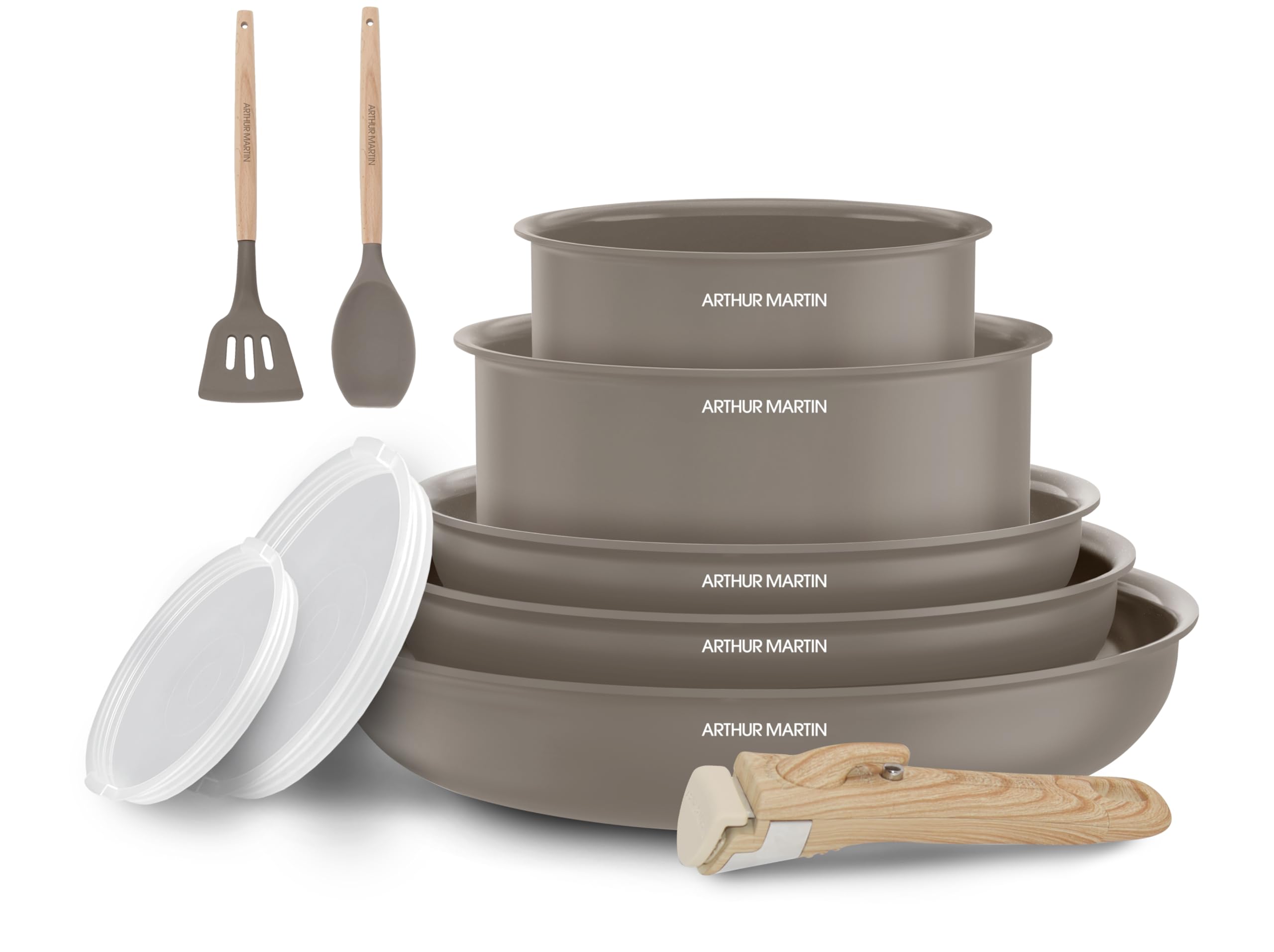 Arthur Martin - Batterie de Cuisine 10 Pièces, Poêles 20-22-26 cm, Casseroles 16-18 cm, Couvercles Hermétiques, Ustensiles en Bois et Silicone, Aluminium 2,5 mm, Céramique, Marron