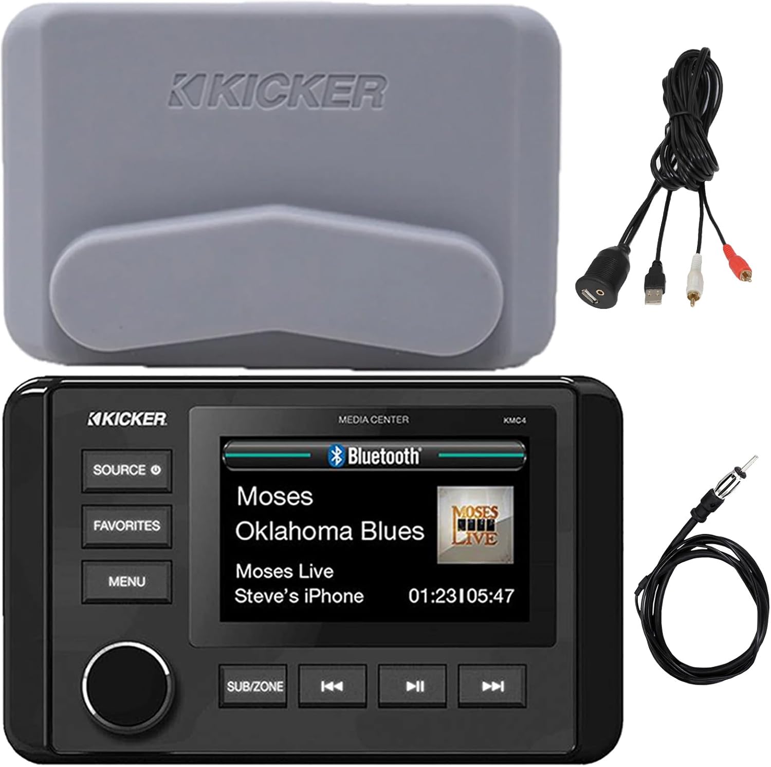 Kicker 51KMC4 3" LCD Marine Bluetooth Weather-Resistant Gauge-Style AM/FM WB/USB/AUX Media Center Receiver, Bundle Combo With USB/AUX 3.5MM Interface Adapter, Black Flexible Hideaway 22" Radio Antenna
