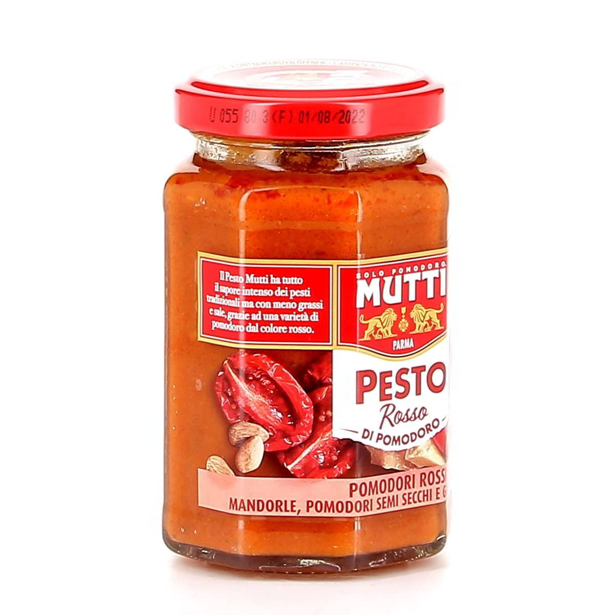 24 x Mutti Pesto Rosso Pomodori Rossi Pesto de tomate rojo Pasta Salsa 100% Tomate Italiano Vaso 180 g Salsas de especias con almendras, tomates, semillas secas y Grana Padano