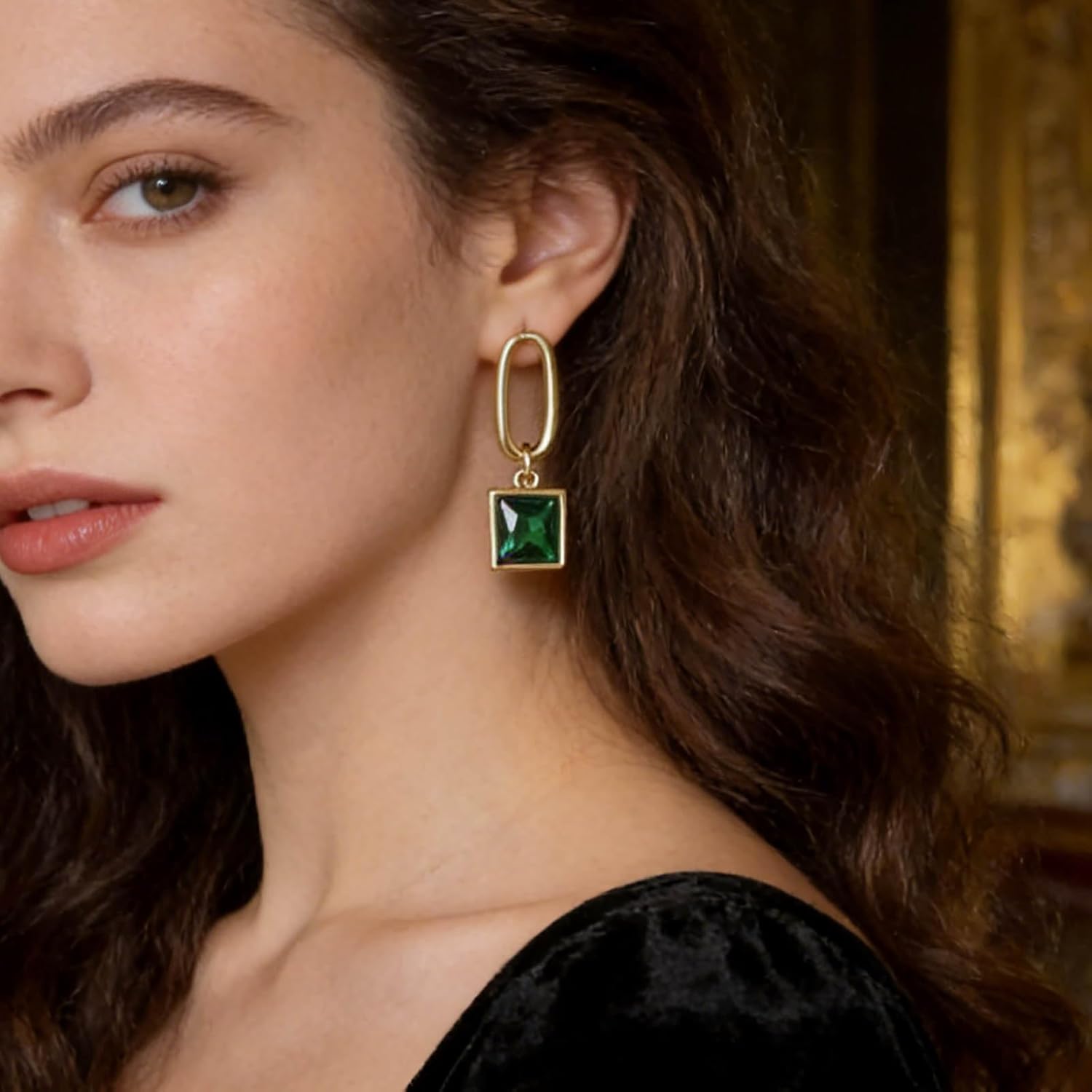 Vintage Emerald Dangle Earrings Gold Square Drop Earrings Green Emerald Crystal Earrings Crystal Wedding Earrings Geometry Hollow Square Earrings - Image 8