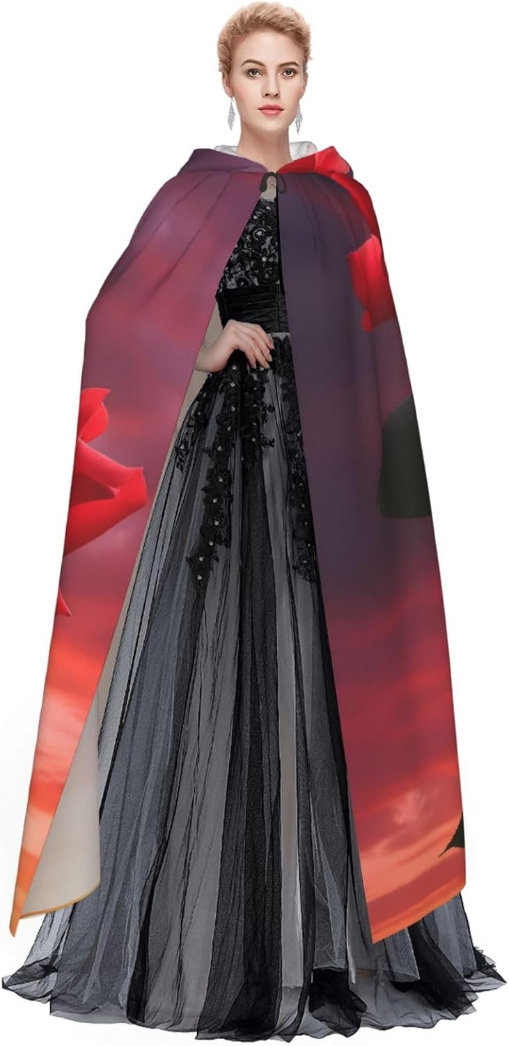 Unisex Full Length Hooded Halloween Christmas Party Robe Cloak Cape Cosplay Costume Men Women Two Red Roses Prints