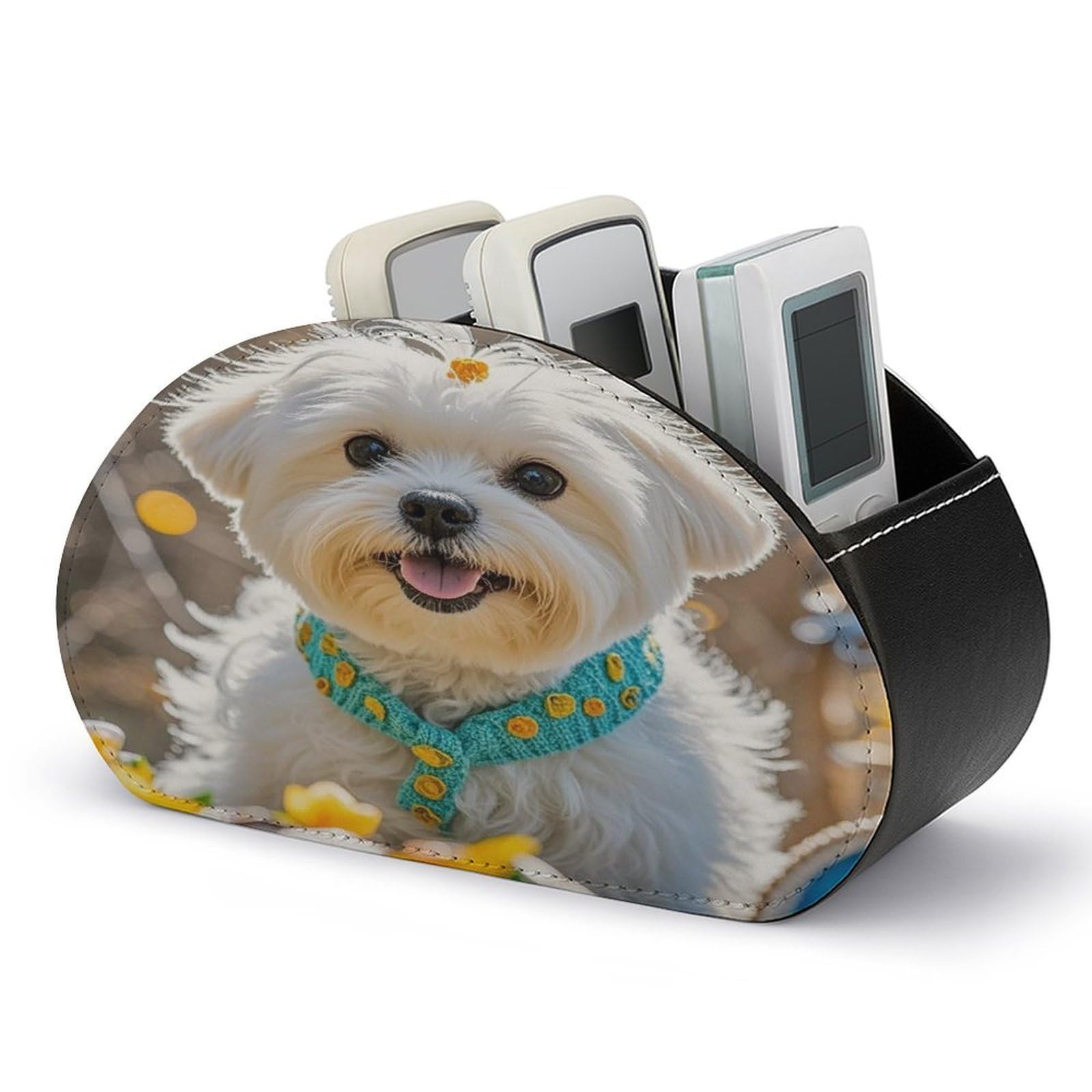 FekiLoot Lovely Maltese Dog TV Remote Control Holder with 5 Compartments Multi-functional Leather Bedside Table Remote Caddy Desktop Storage Box for Store Pen Controller Media Player Cosmetic