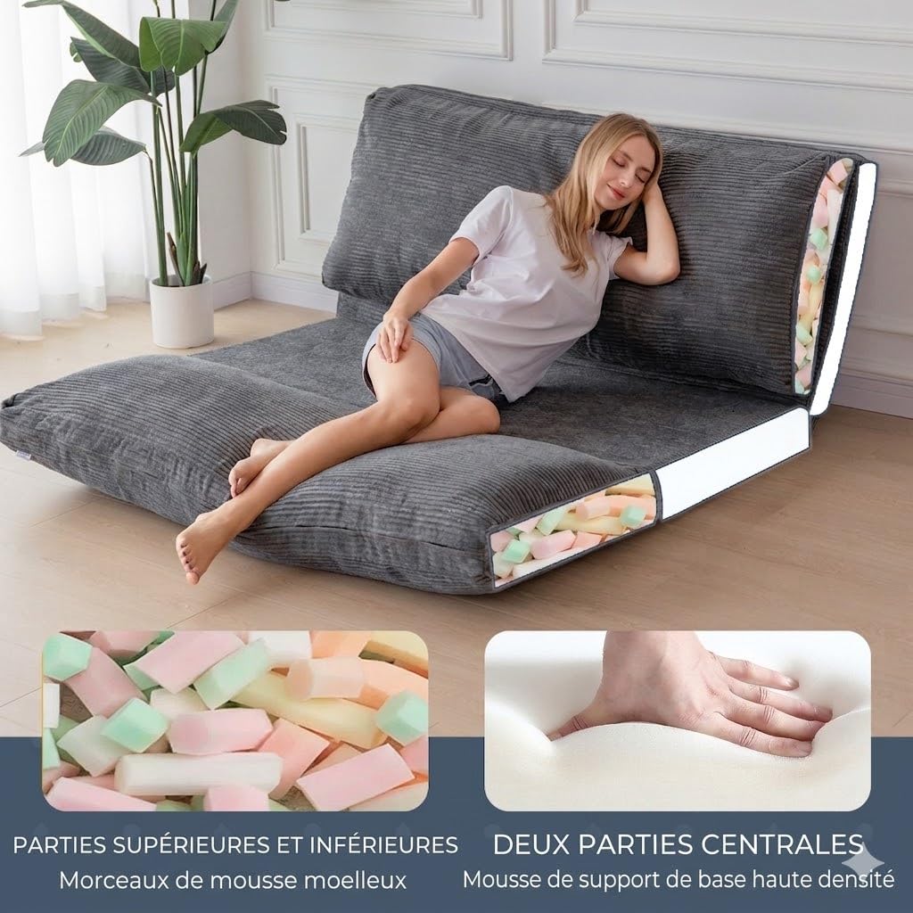 MAXYOYO Pouf pliable en velours côtelé avec rembourrage en mousse, extra épais, 4 couches, matelas/canapé de sol pour adultes, housse amovible et lavable en machine, anthracite, 135 x 240 cm