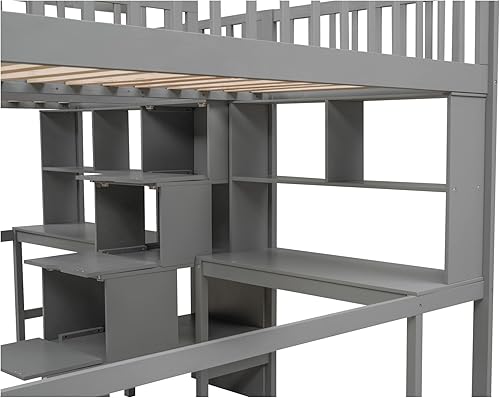 Miniatura 9 de MERITLINE Cama tipo loft de tamaño individual y individual con 2 escritorios y estantes cama doble de madera con escaleras y almacenamiento cama