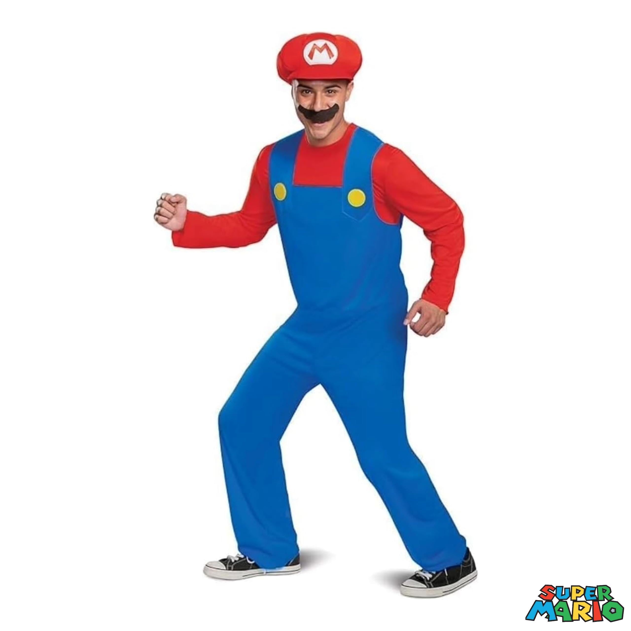 Super Mario - Disfraz Adulto Super Mario Bros Oficial - Tallas Disponibles M,L,XL (38-46) - Disfraz Rojo - Incluye Bigote + Gorro