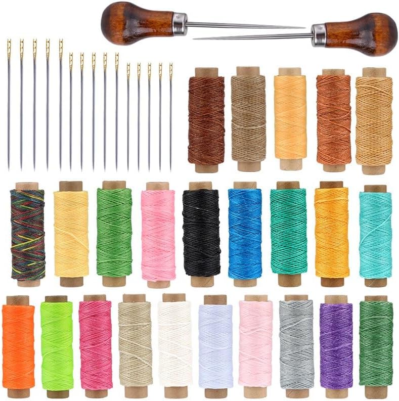 RORGETO 41pcs DIY Leather Craft Tools Set 24 Colors 50M Waxed Thread 37/40/42mm Sewing Blind Needles Single Gourd Handle Awl
