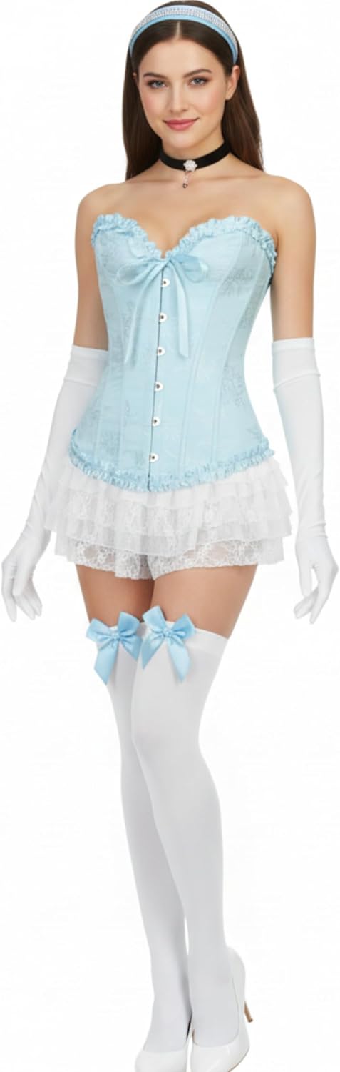 Foaincore 6 Pcs Blue Princess Costume Set for Women Corset Top Lace Pumpkin Pants Socks Headband Collar Gloves - Image 9