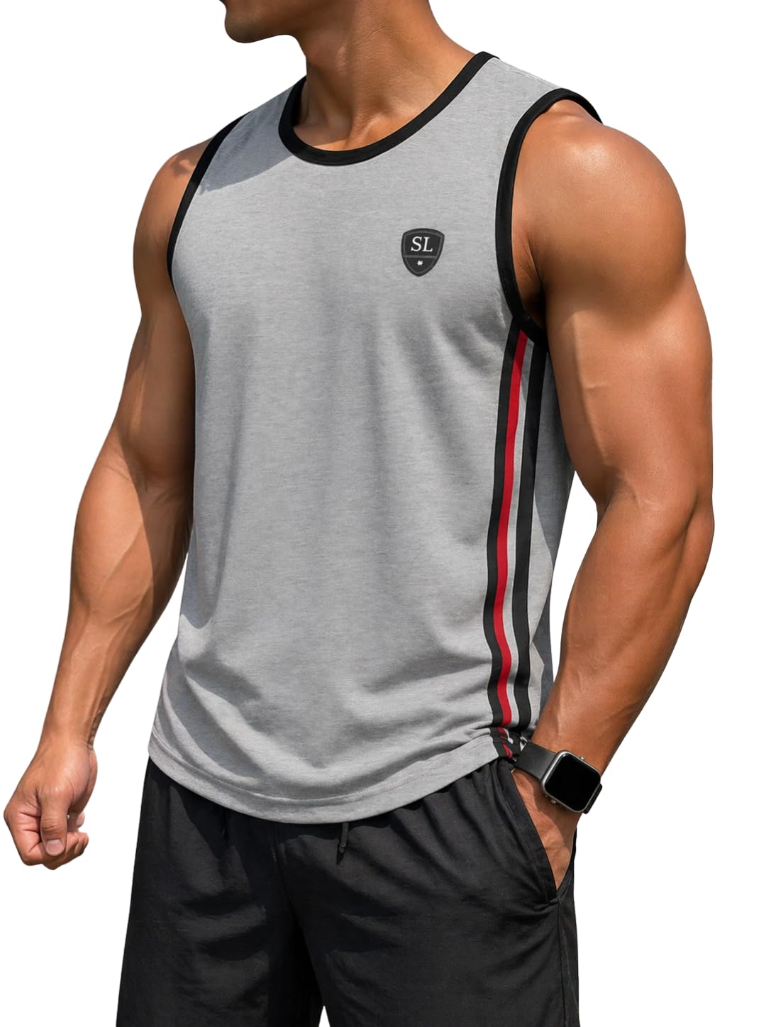 s.l. madhok Men’s Sleeveless Tank Top – Breathable Gym Vest with Contrast Side Stripes | Lightweight Printed Round Neck Sando for Men's-picture-32