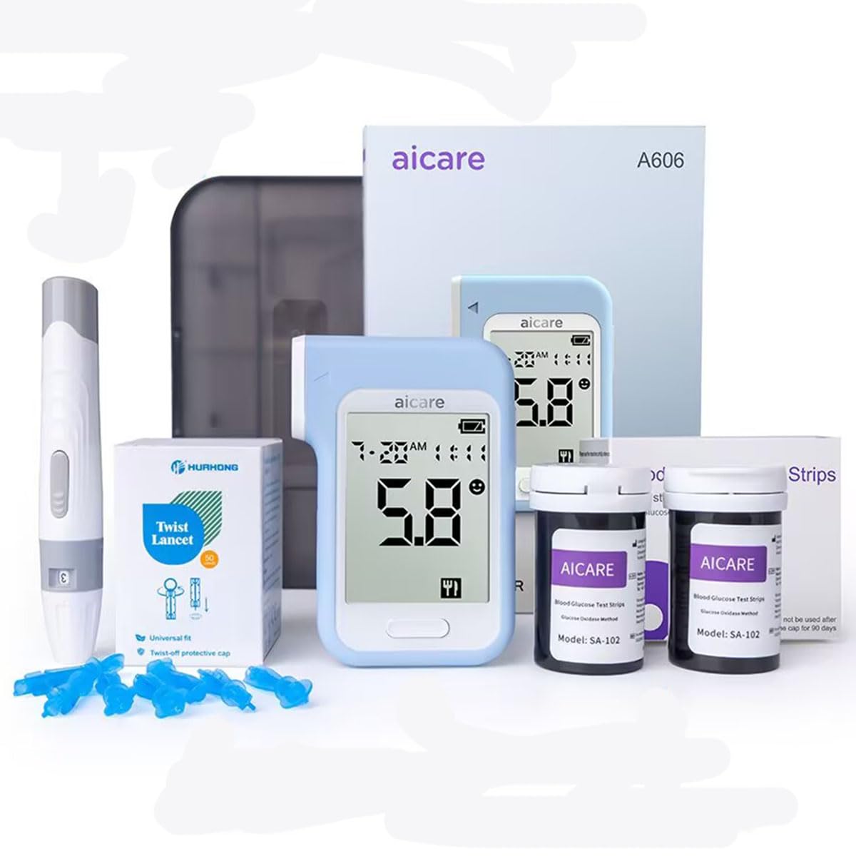 Blood Glucose Meter, AICARE A606 Blood Glucose Test Kit Glucometer 50 Blood Glucose Test Strips -mg/dL
