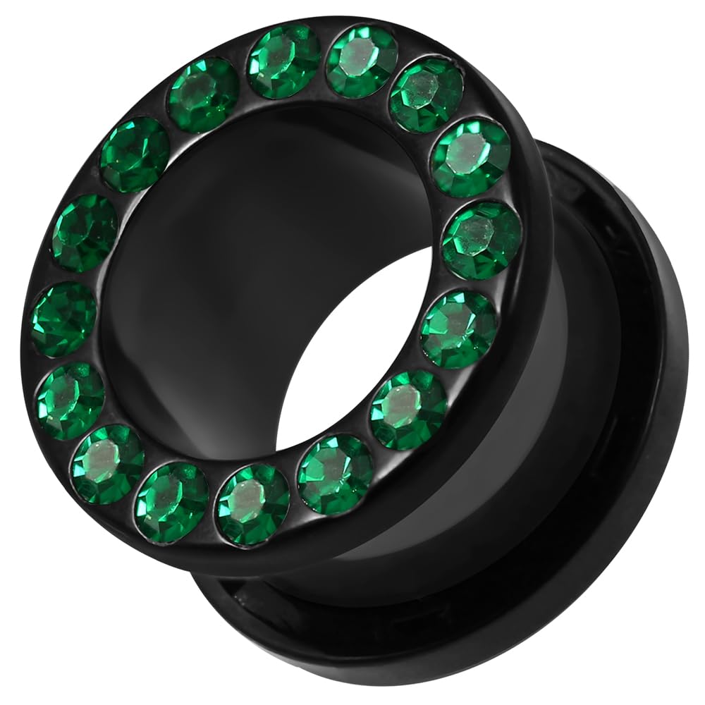 Multi Emerald Green Crystal Stones on Black UV Acrylic Ear Gauge Flesh Tunnel - Stretching - Gauge Ear Plug Body Piercing Jewelry