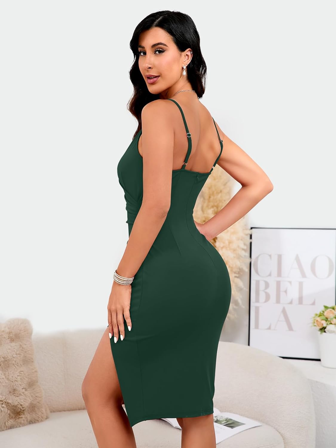 WAYMAKER Women's Sexy V Neck Spaghetti Strap Sleeveless Wrap Ruched Side Slit Bodycon Cocktail Party Wedding Guest Dress - Image 3