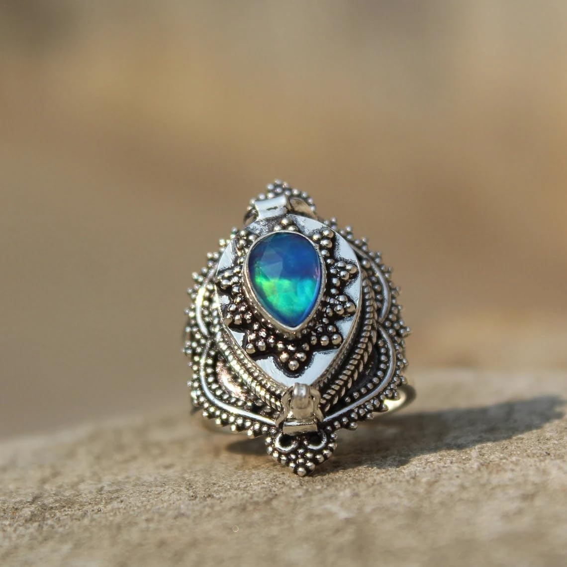 Aurora Opal Poison 92.5 Sterling Silver Field Ring,Compartment Pill Box,Handmade Locket Box,Women's Gift For Her