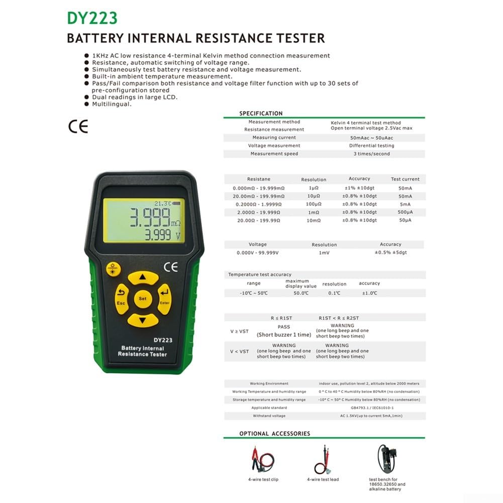 DY223 Testeur de résistance interne pour batterie, avec Kelvin 4 fils, outil de diagnostic de défaut EV pour ateliers de réparation automobile