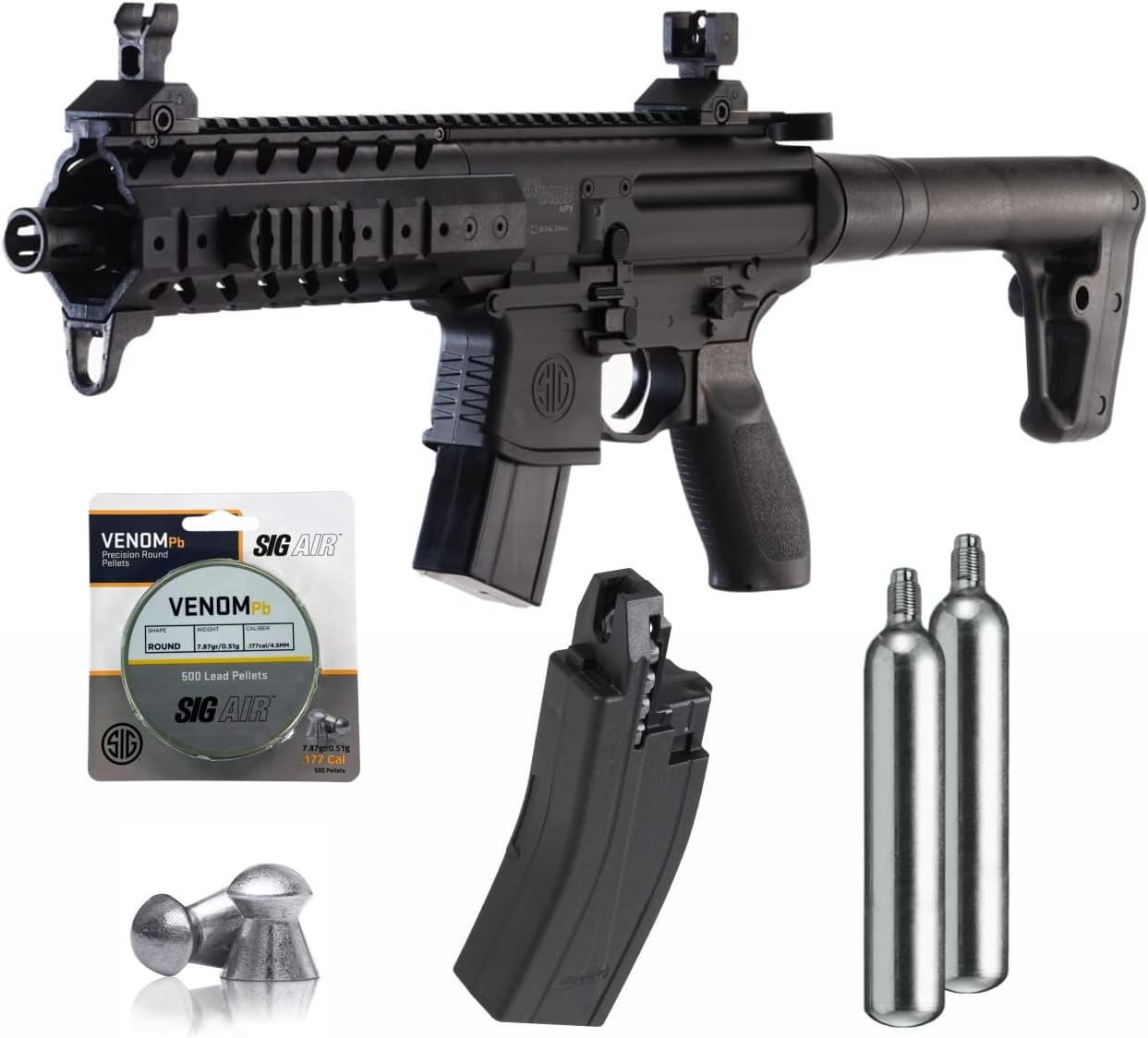 Sіg Sauer MPX .177 Cal CO2 Black Air Rifle with 2X CO2 90gr Tanks and Extra 30rd Mag and 500x Pellets Bundle