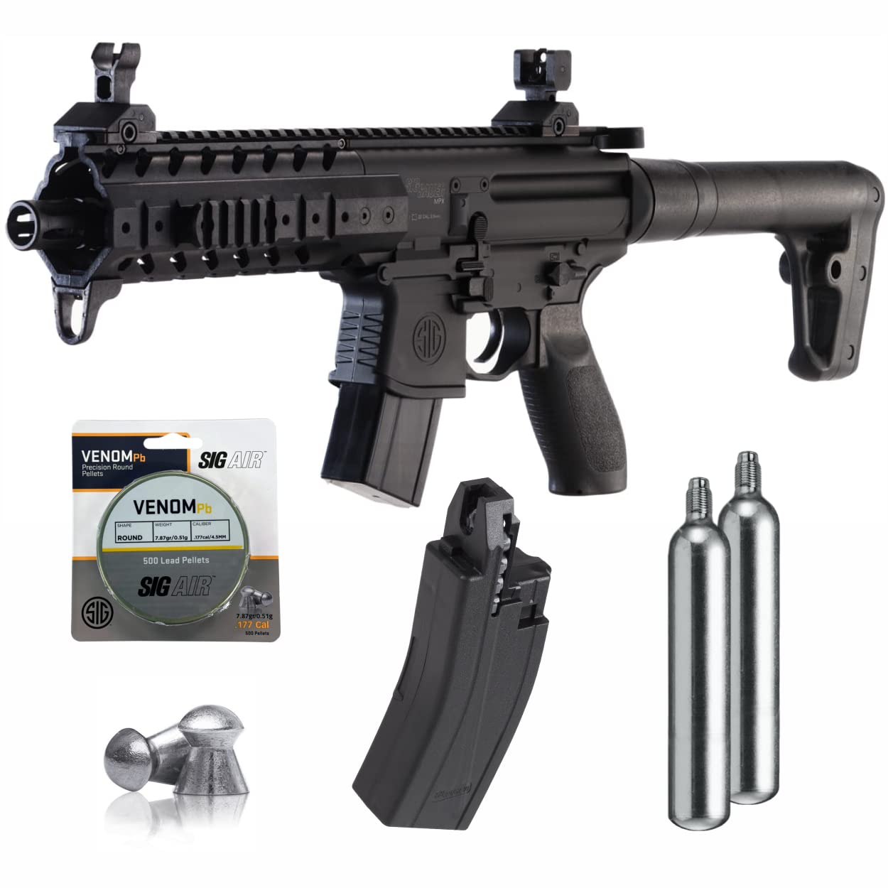 S?g Sauer MPX .177 Cal CO2 Black Air Rifle with 2X CO2 90gr Tanks and Extra 30rd Mag and 500x Pellets Bundle