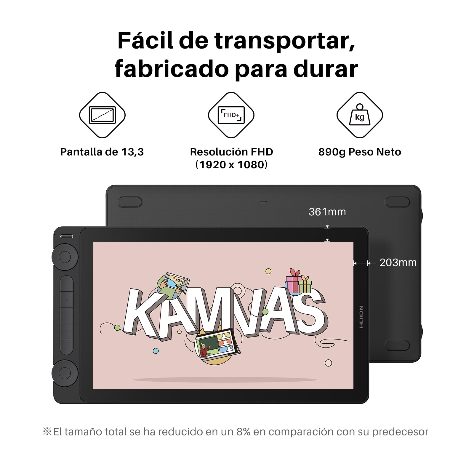 HUION Kamvas 13 Gen3 2024 Tableta Gráfica con Pantalla, Tableta de Dibujo 13.3" Vidrio Anti Brillo Canvas, Pentech 4.0, 16384 Presión del Lápiz, Doble Dial para PC, Mac, Android, Negro
