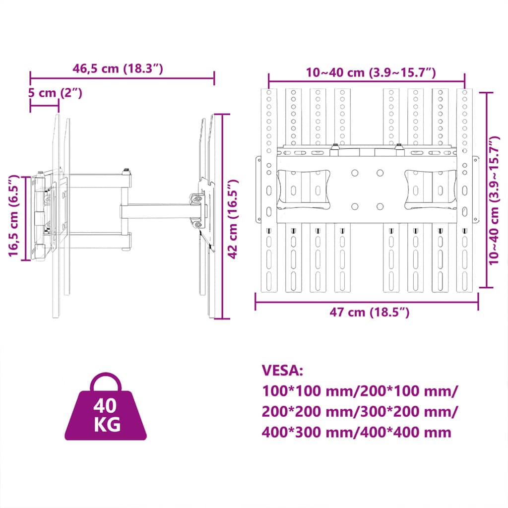 Supporto da parete per TV da 26-70 pollici, estensibile, orientabile, inclinabile, con VESA 400 x 400 mm, portata 40 kg, per soggiorno, ufficio, gaming, monitor