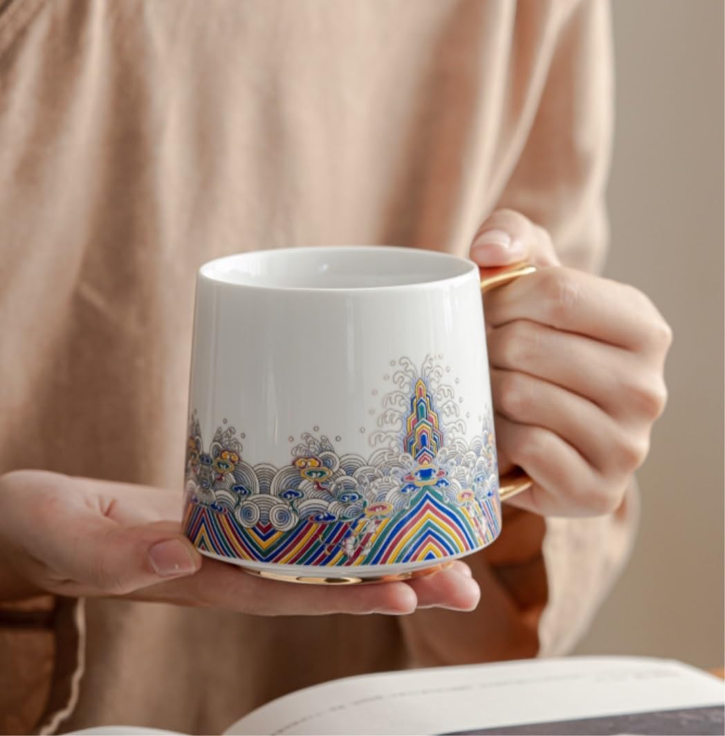 Tazze Colazione Tazze Tazze Da Caffè In Ceramica Da 13,5 Once Tazze Da Caffè In Ceramica Con Motivo Tradizionale In Stile Palazzo Cinese E Manico Dorato Tazze Cappuccino Tazze da The Tazze(Blue)