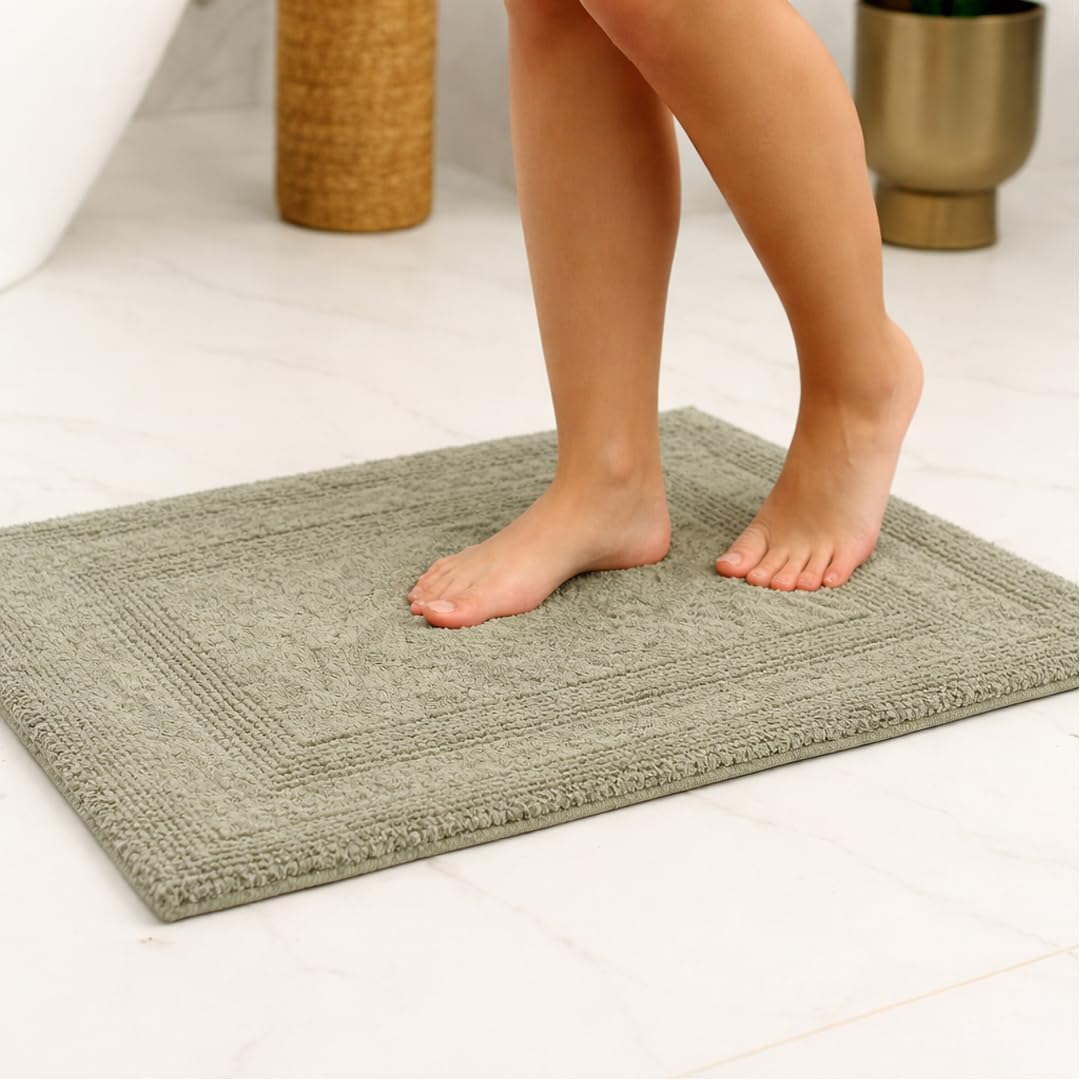100% Cotton Reversible Tufted Bathmat,Race Track Design,Super-Soft,Fast Absorbent,Heavyweight,Plush,Quick-Dry,20''x 32'',2000 GSM,Sage Green,Rug pad Recommended