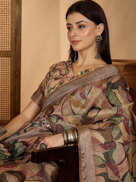 Women's Brown Cotton Floral Leaf printed Saree, Beige, Linen Blend, Traditional Indian Ethnic Wear