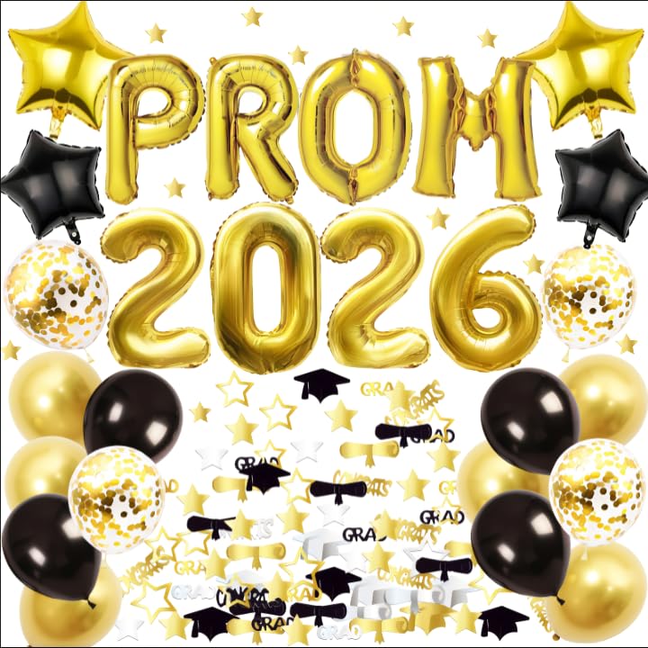 Prom 2026 Decorations Gold Balloon Set, Foil Letter Balloons Banner, Latex Balloons & Confetti, for Class of 2026, Prom Night, Graduation Party Decor, High School College Leavers Celebrations