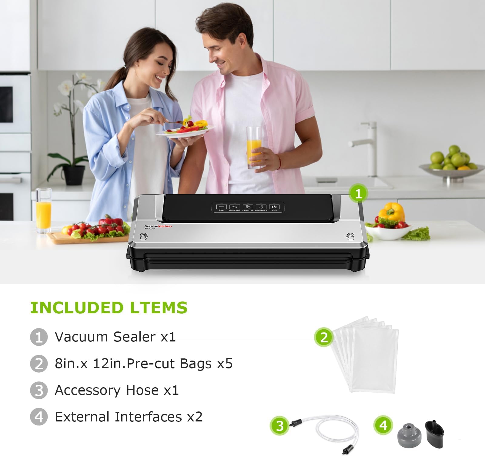 Bonsenkitchen Vacuum Sealer Machine, Precision-Compact 4-in-1 Food Sealer Machine, Multi-Functional Food Vacuum Sealer with & Accessory Hose, Bright Silver