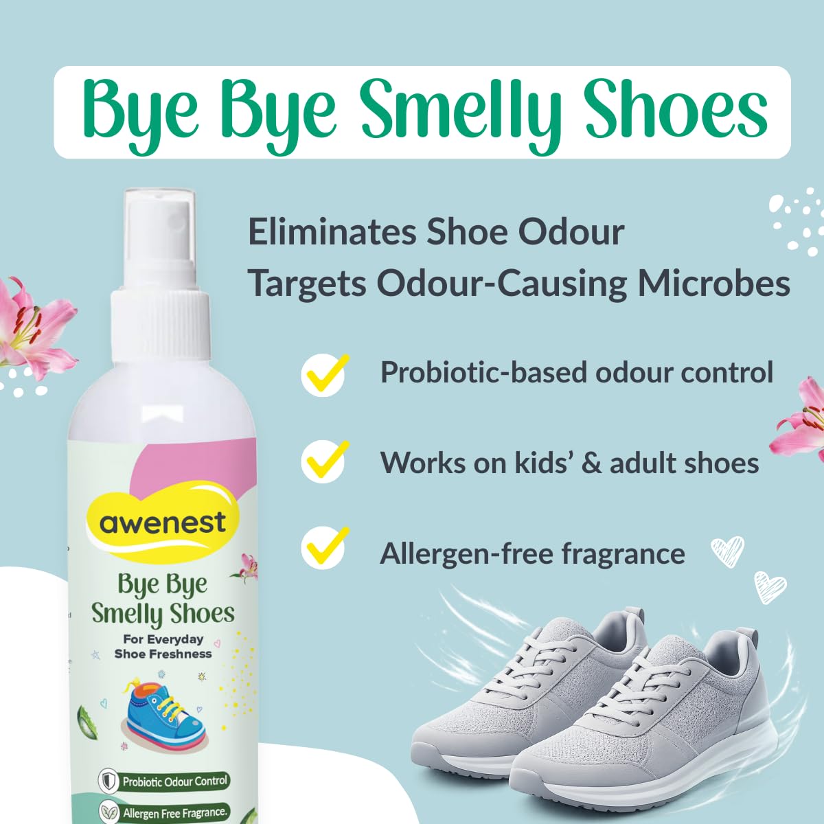 awenest Shoe Deodorizer & Refresher Spray | Odour & Smell Remover for Shoes, Sneakers & Smelly Socks | Probiotic Odour Control, Allergen-Free, Freshens Footwear | Plant- Based and Skin-Friendly - 75ml 1