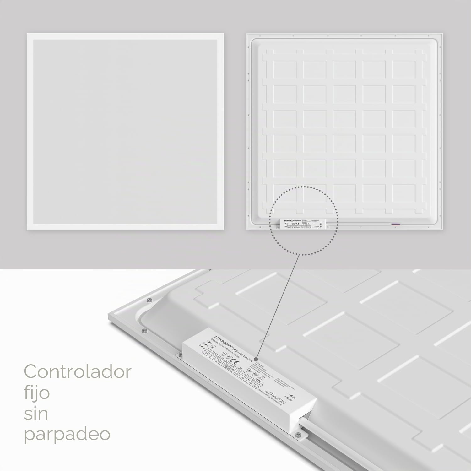 TRAXON LUXPOINT® Cajas x6 unidad Panel LED- Willi 40W 4000Lm 60x60cm Luz Fría 6500K driver integrado flicker free CRI80 IP20 techo falso *Marco No Incluido (Luz Fría 6500K 60x60 | Caja 6 unidad)