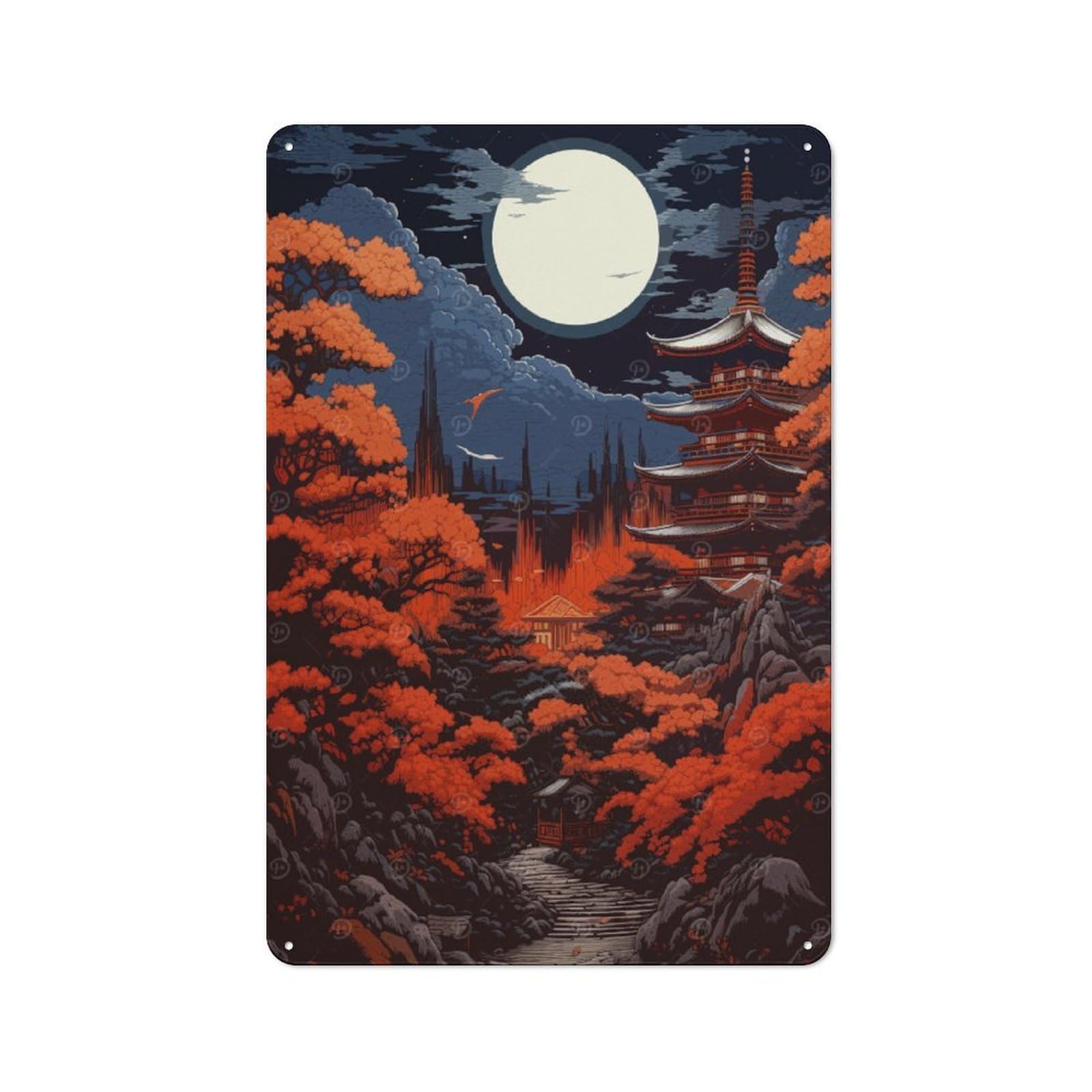 Junmoney Japanese Moonlit Serenity Rustic Metal Plaque 30X20cm For Hobby Room Or Studio, For Creative Interior Collectors