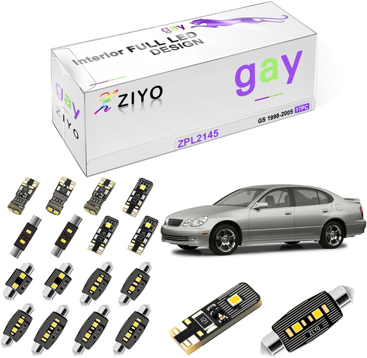 PL2145A - LED Interior Light kit for Lexus GS300 GS400 GS430 1998-2005 Dome Light Bulbs Replacement Package, 6000K Xenon White LED Lights Accessories Upgrade (17 Bulbs)