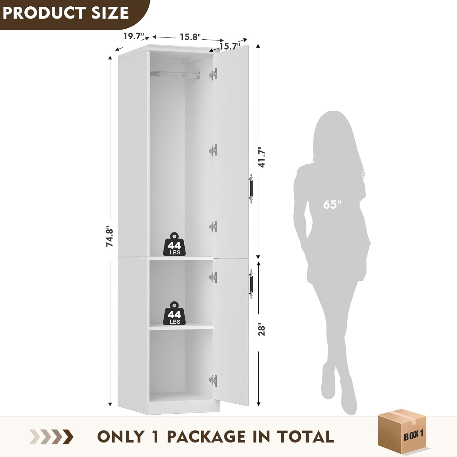 Diagram showing the dimensions of the wardrobe: 74.8 inches height, 19.7 inches depth, 15.8 inches width. Also shows internal dimensions and weight capacity per section.
