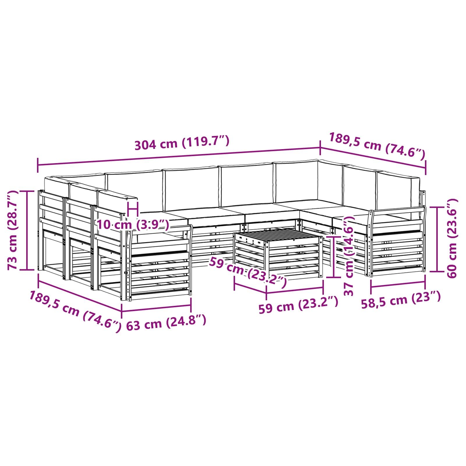 Gartenmöbelgarnitur Set 10-teilig aus massivem Akazienholz für Terrasse Balkon und Garten wetterfest modulare Sitzgruppe mit Tisch, Sofas, Sesseln, Kissen und Aufbewahrung