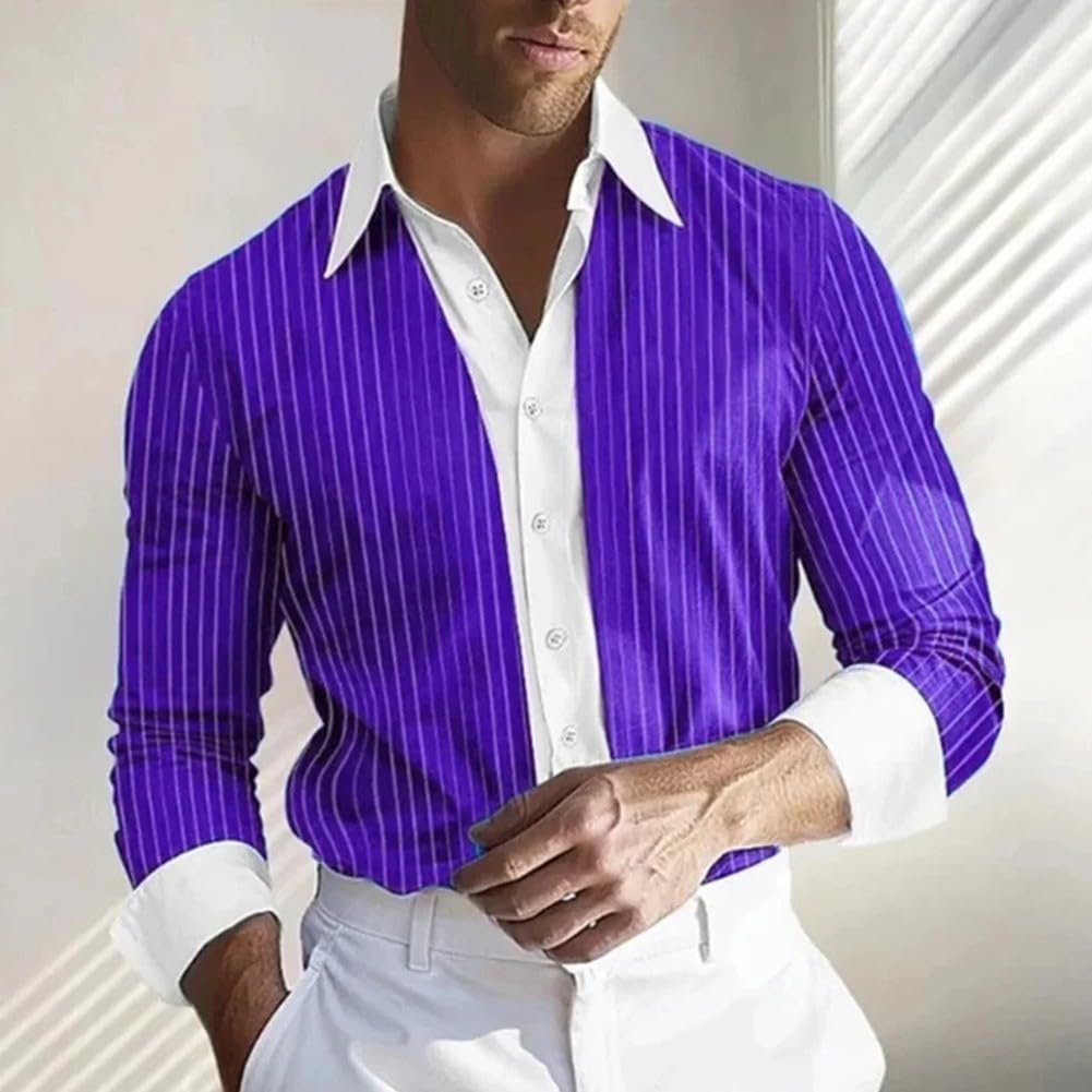 Elegante camicia a righe a maniche lunghe da uomo, perfetta miscela di comfort e stile (2XL viola)