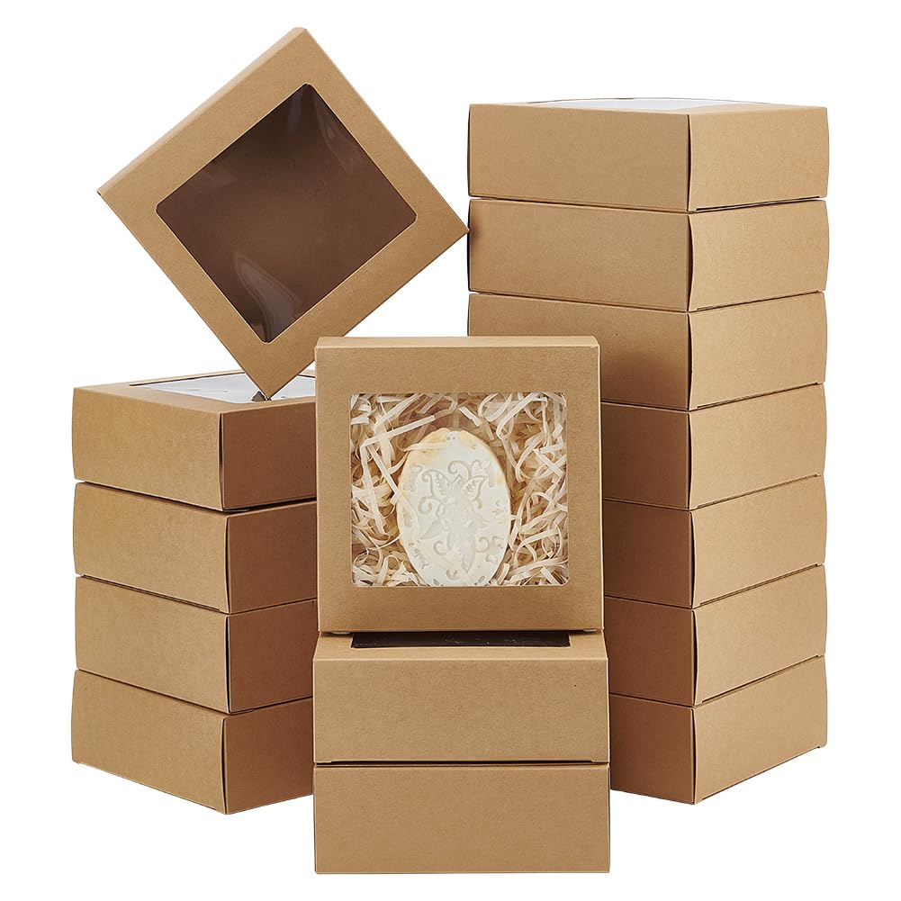 BENECREAT 50 scatola Regalo con Finestra Trasparente Da 14x14x5cm, Scatole Regalo In Carta Kraft per Matrimoni, Regali di Natale, Imballaggio Bomboniere