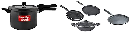 Prestige Svachh 5ltr Pressure Cooker with Hard Anodized Body&Prestige Omega Deluxe Granite Dosa Tawa, 28 cm&Prestige Omega Deluxe Granite s with 1 Glass Lid - 3pcs