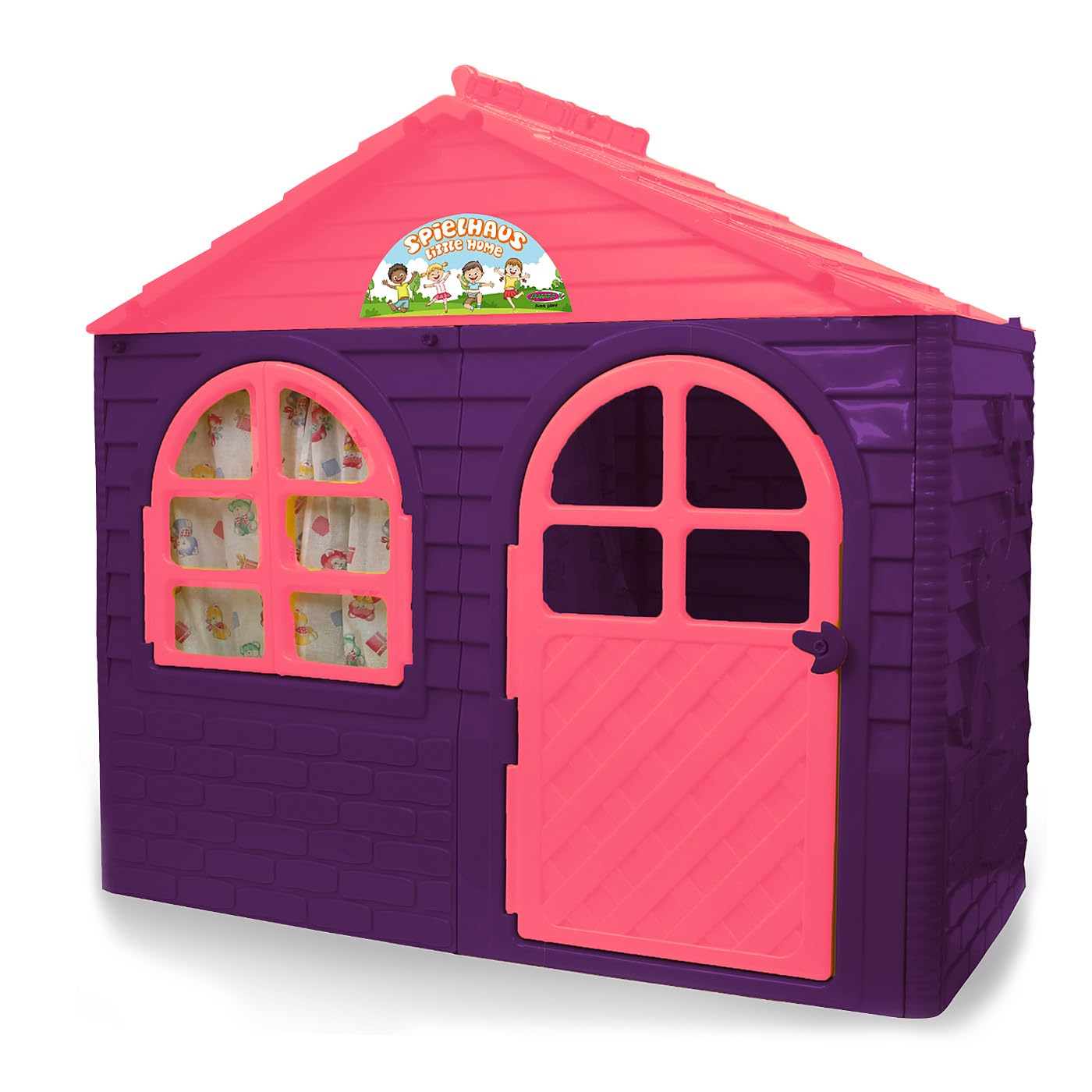 JAMARA Little Home 460498 - Casetta giocattolo in plastica robusta, montaggio stabile, facile da pulire, adatta per interni ed esterni, per porte e finestre si aprono, tende