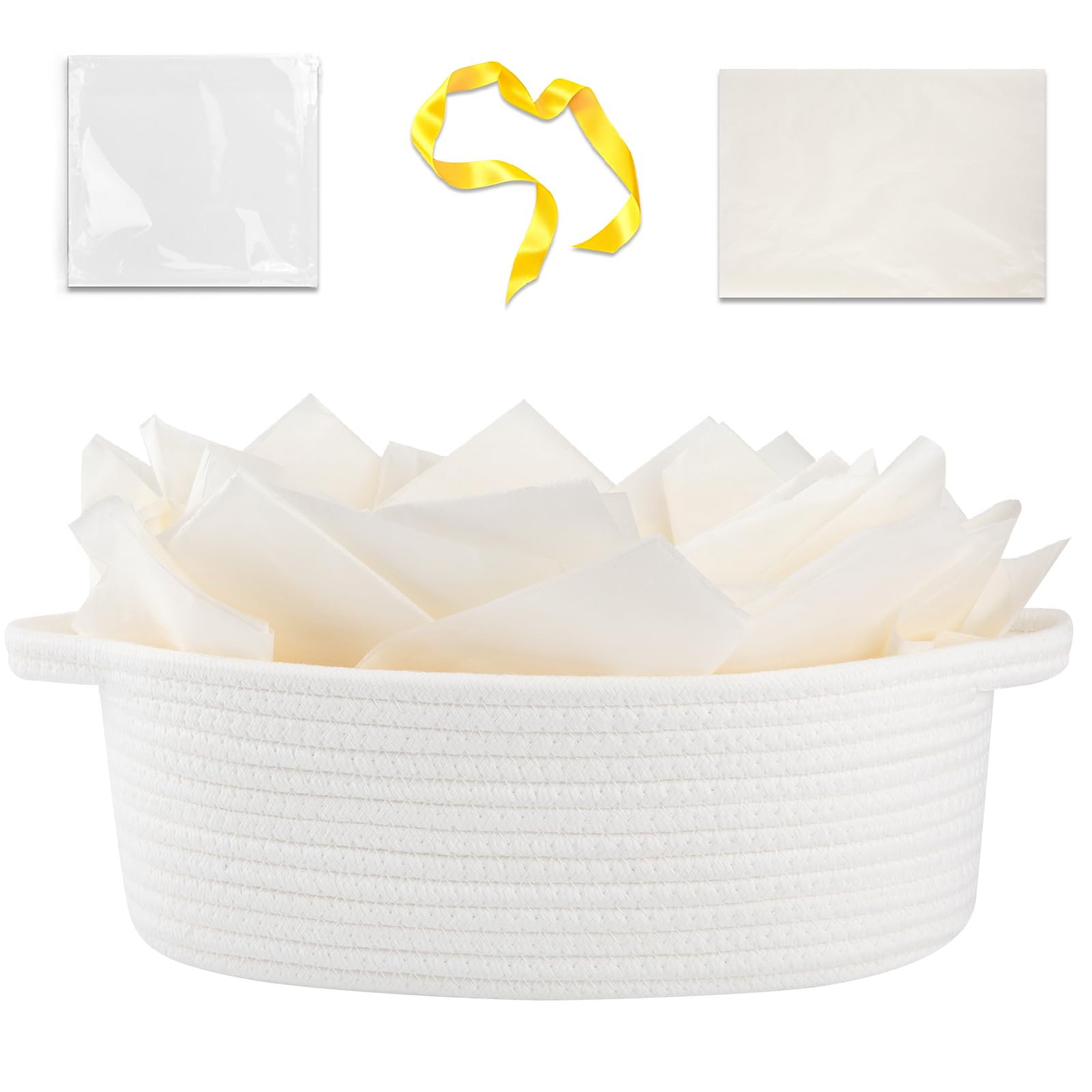 OIAHOMY Gift Basket Empty with Handle, 12"x 8"x 5" Small Woven Basket with Gift Bag, Ribbon and Wrap Tissue Paper, Dog Toy Storage for Organizing - White White 12"x 8"x 5"