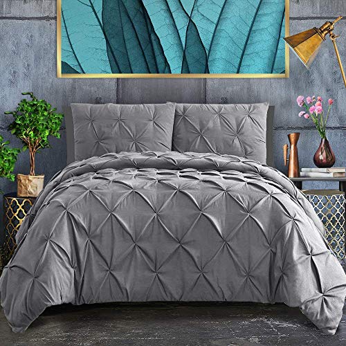 Image of 600 Thread Count, Luxurious Pleated Design Cotton Geometric Duvet Cover |1 Duvet Cover with 2 Pillow Shams | Grey, Queen Bed Size- 88x88 inch, Pillow Shams Size- 17 inch x 27 inch