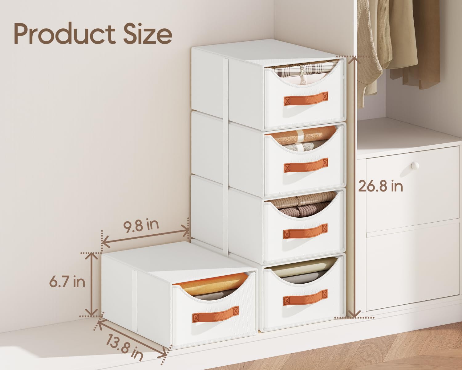 Homsorout Szufladowy system organizacji – 4 sztuki składanych pudełek do przechowywania z tkaniny, 35 x 25 x 17 cm, pudełka do układania w stos, organizer do szafy na ubrania, dokumenty, kolor biały