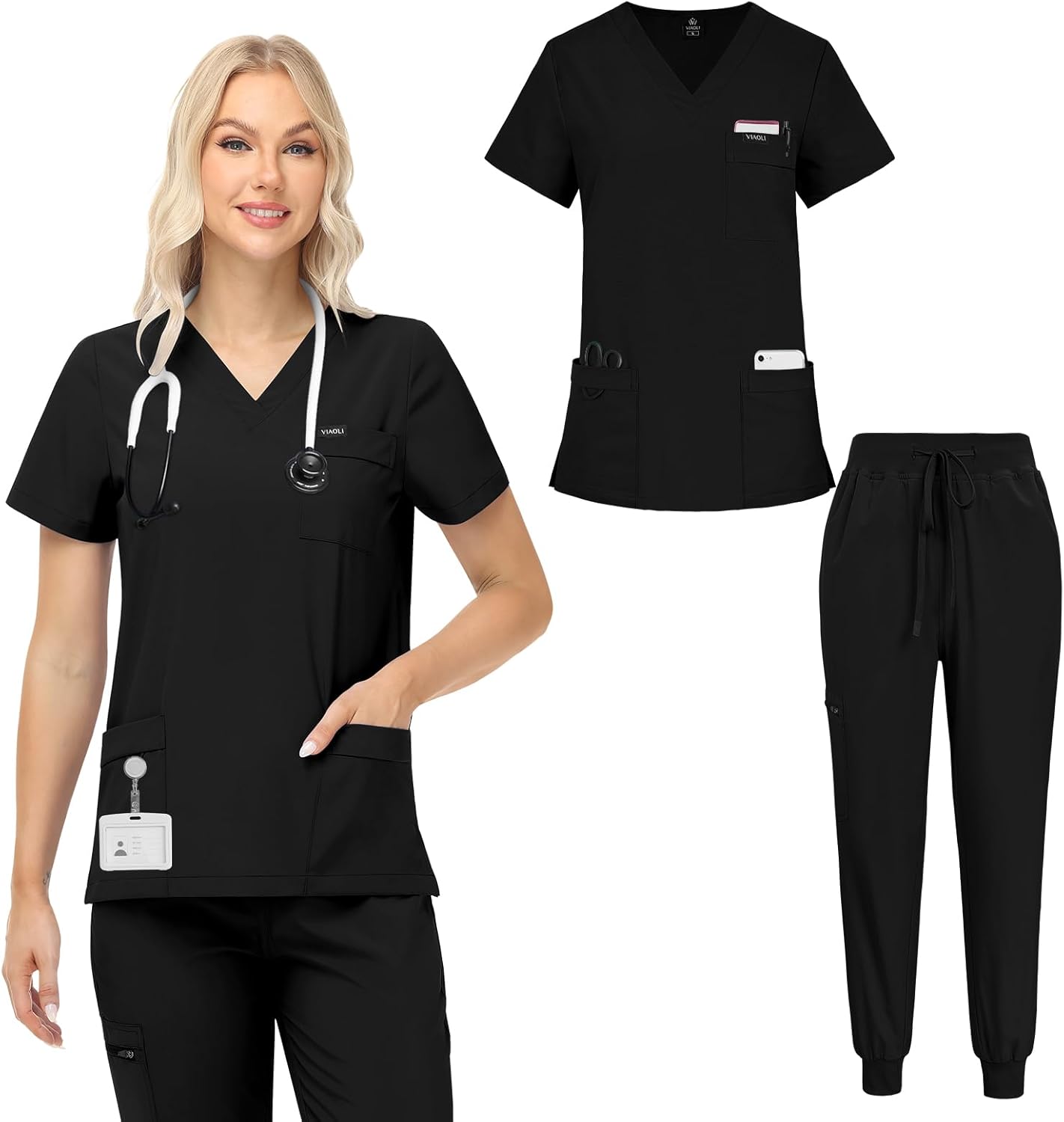 VIAOLI Scrubs for Women Set V-Neck Top and 8 Pocket Jogger Scrub Pant - Medical Uniform Nursing Scrub Set