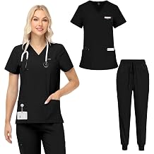 VIAOLI Scrubs for Women Set V-Neck Top and 8 Pocket Jogger Scrub Pant - Medical Uniform Nursing Scrub Set