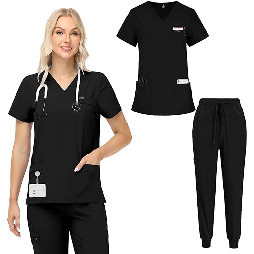 VIAOLI Scrubs for Women Set V-Neck Top and 8 Pocket Jogger Scrub Pant - Medical Uniform Nursing Scrub Set