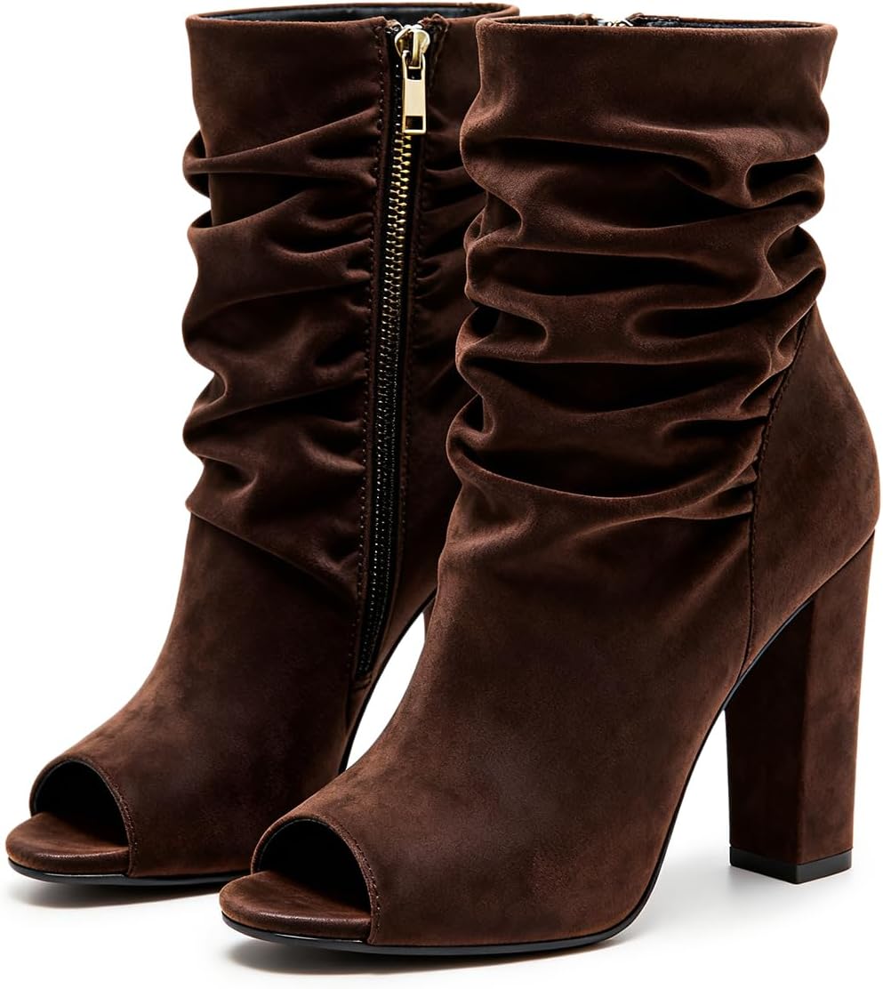 YDN Women's Peep Toe Ruched Ankle Boots Side Zipper Block High Heels Winter Fall Trendy Daily Outfit Booties Shoes Size 4-16 US