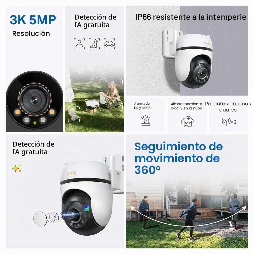 Tapo C530WS - Cámara Seguridad Exterior 360° 3K 5MP, Visión Nocturna Color, Resistencia IP66, Alarma Sonora/Luz, Detección AI, Almacenamiento Nube/SD 512GB, Audio Bidireccional (Paquete de 2)