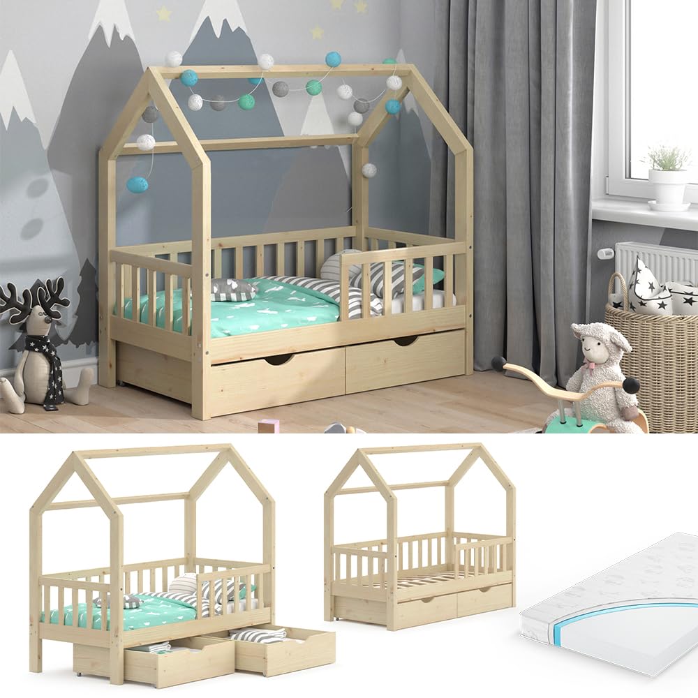 Vicco Vitalispa Letto montessori bambini Wiki 70x140 cm Legno naturale con cassetti e materasso