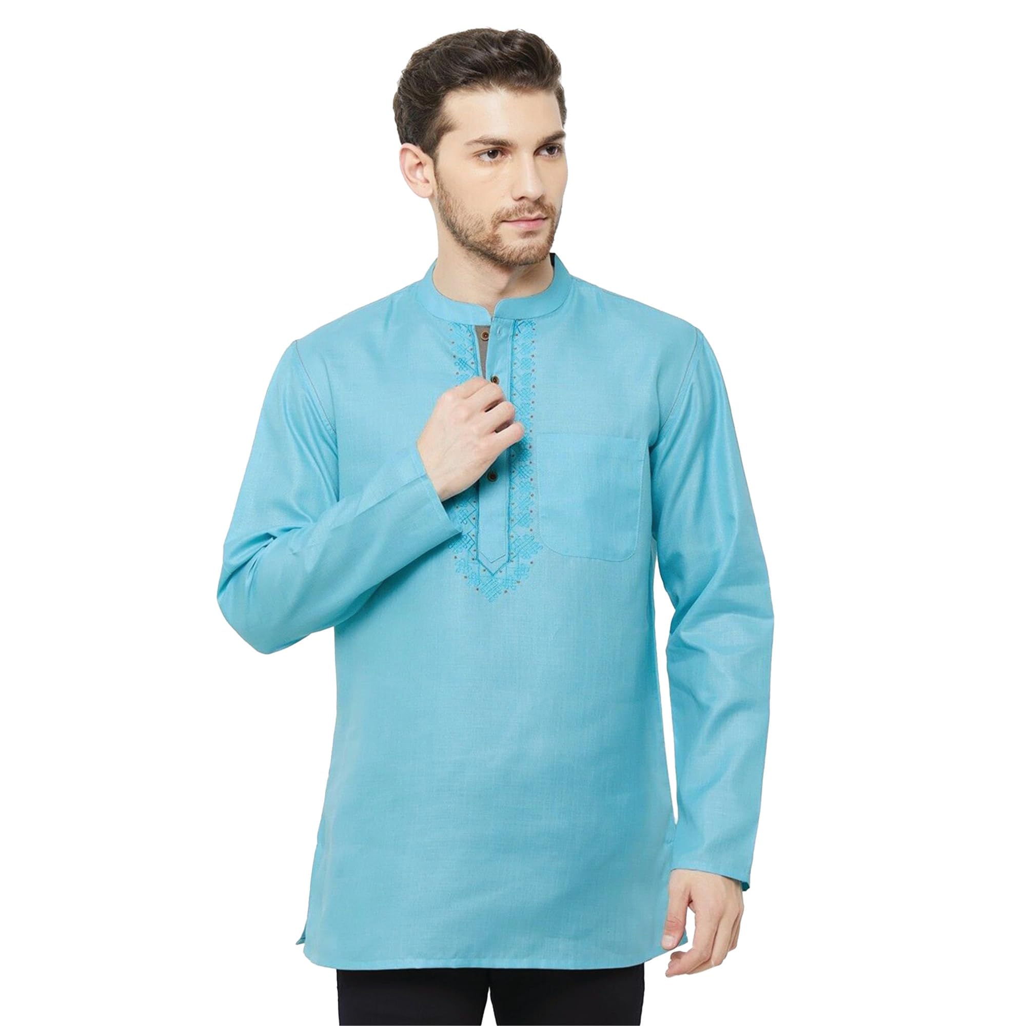 archattire Men’s Cotton Sky Blue Full Sleeve Slub Textured Kurta | Neckline Embroidered Regular Fit with Mandarin Collar | Button Closure | Hip Length-picture-35