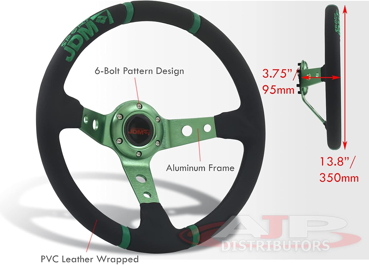 AJP Distributors Universal 350mm 14" Steering Wheel 6 Bolts Holes Black PVC Leather 4 Green Pin Stripe Light Weight Aluminum 3 Spoke Center Deep Dish Horn Button Grip Stance JDM VIP