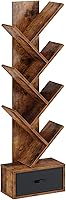 Rolanstar 7-Tier Tree Bookshelf with Drawer - Rustic Brown Narrow Bookcase for Books, CDs, Living Room, Bedroom Storage